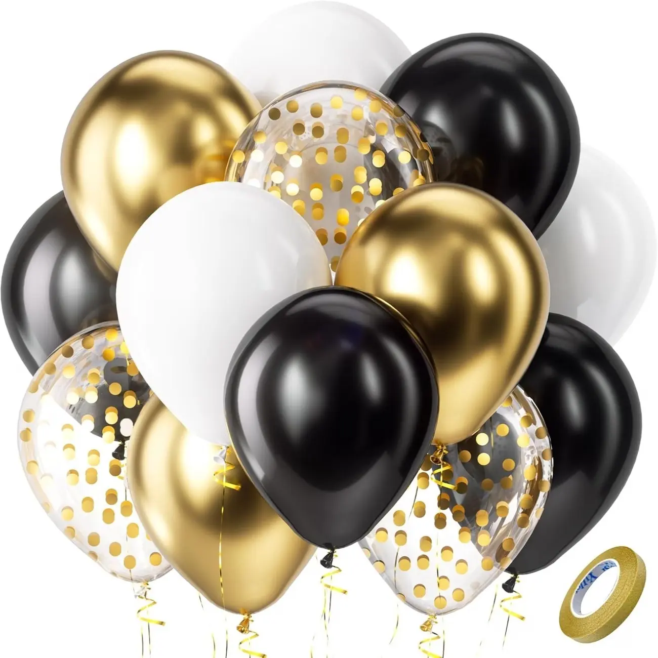 40pcs Black and Golden Metallic Latex Confetti Balloons 10/ 12 Inch Black White and Golden Party Balloons Set with Golden Ribbon for Birthday, Wedding, Golden Theme Party Graduation Decorations Balloon Party Supplies