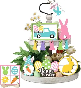 Easter Tiered Tray Decor Wooden Signs Set (No Tray), Rustic Bunny Egg Carrot Jesus Cross Risen Ornaments Cute Durable Layered Tray Signs for Mantel Shelf Table Kitchen Display, Spring Home Easter Decor Christian Family Religious Party Gifts, Date Suppiles