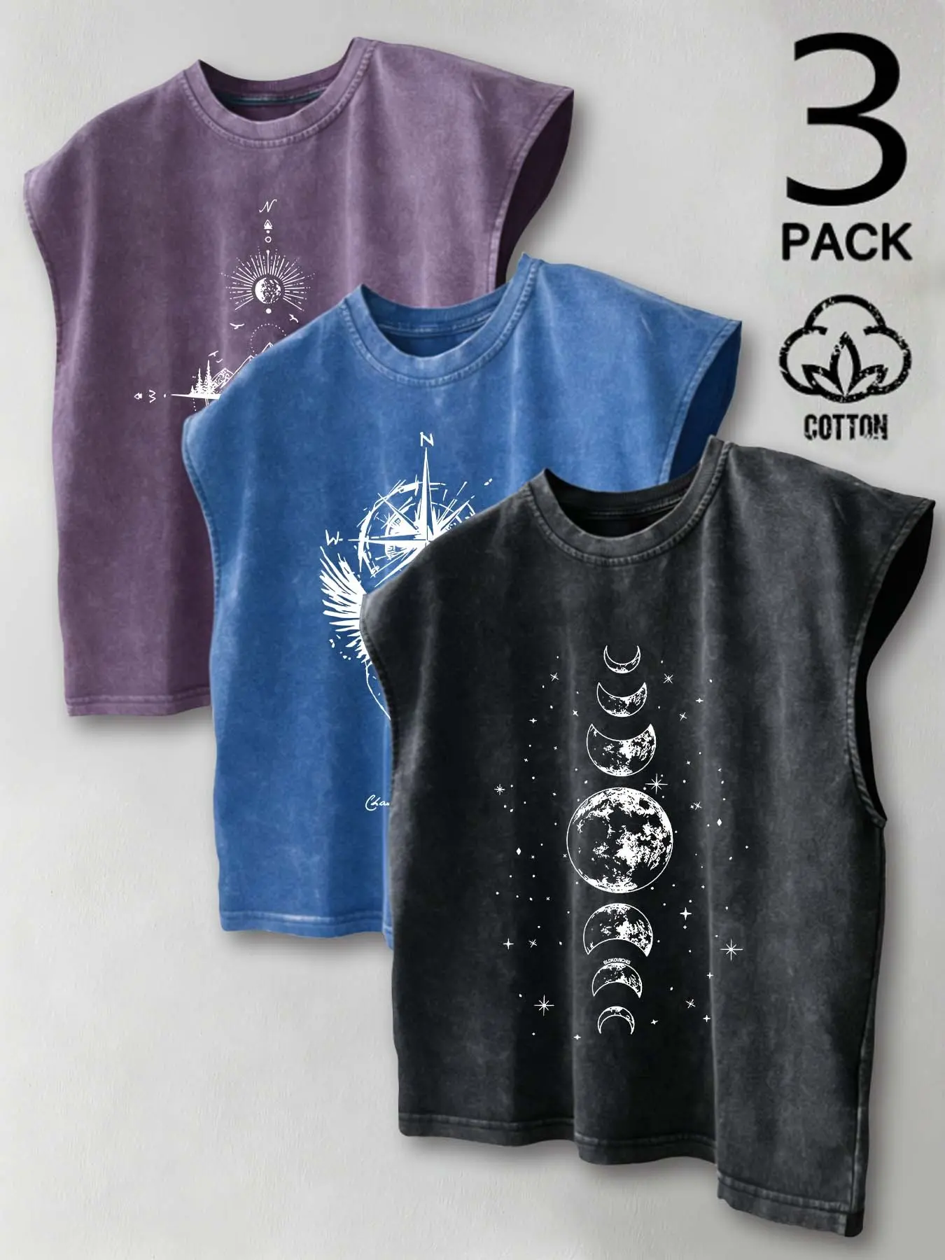 3-Pack Summer Men's Round Neck Tropical Tops, 100% Cotton Sleeveless Tank, Casual Loose Fit, Ideal for Outdoor Activities & Layering