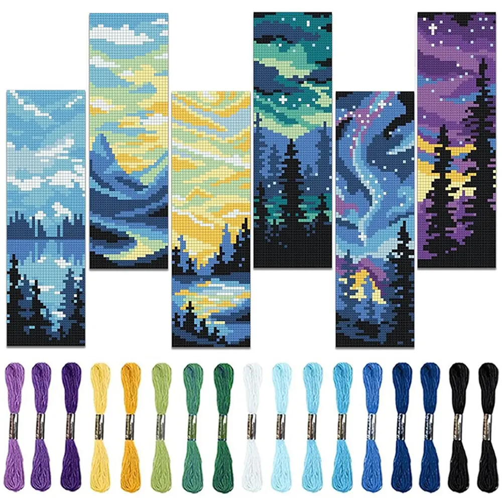 6pcs set Blue Landscape Cross Stitch Bookmark Kit, Aurora Sunset Pattern, Cross Stitch Designs, Includes Cross Stitch Fabrics, Embroidery Floss, Tools, Ideal Gift for Sewing Enthusiasts, Handmade Gifts