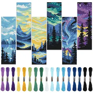6pcs set Blue Landscape Cross Stitch Bookmark Kit, Aurora Sunset Pattern, Cross Stitch Designs, Includes Cross Stitch Fabrics, Embroidery Floss, Tools, Ideal Gift for Sewing Enthusiasts, Friendly to beginners, unique gift for friends, family and teachers