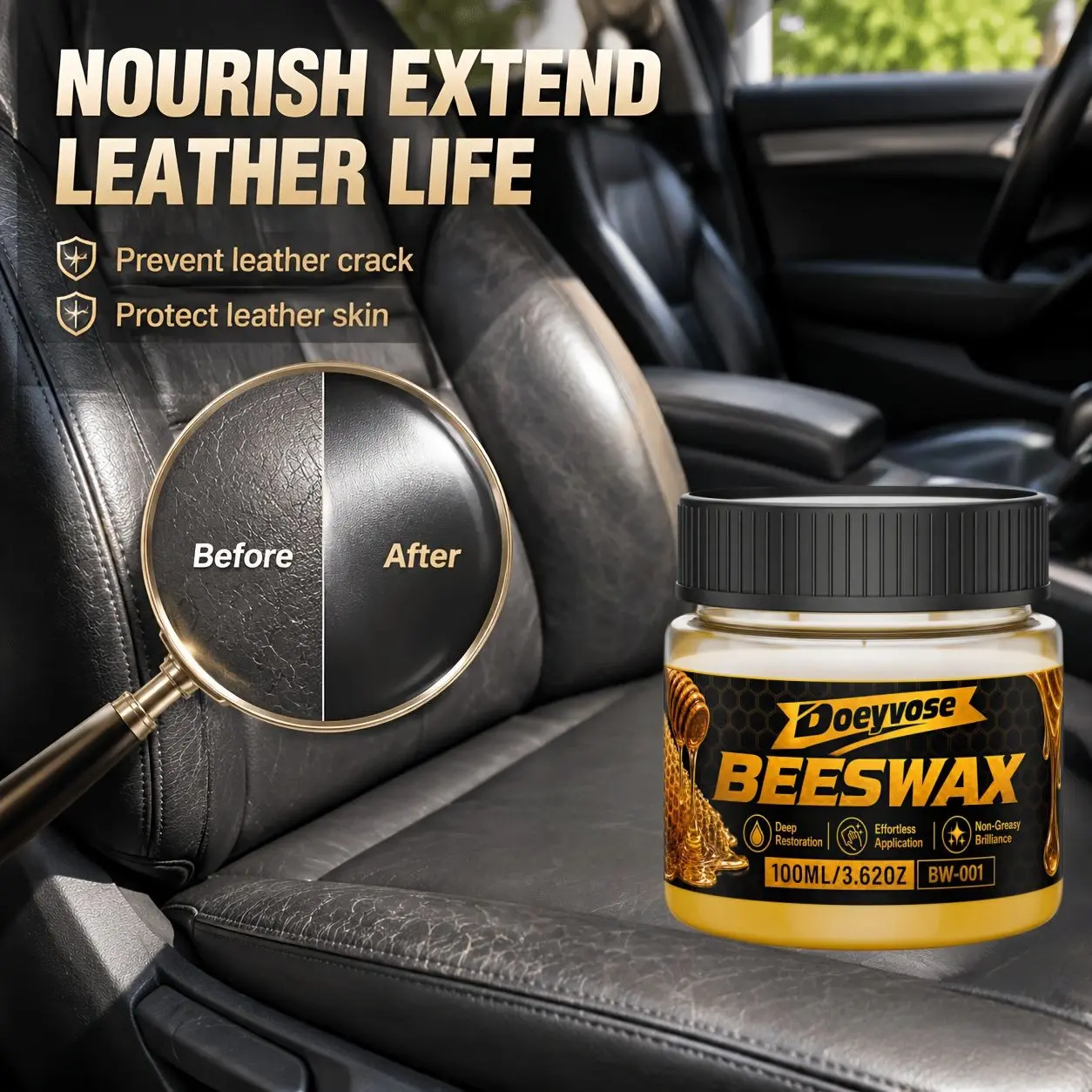 Beeswax Cream for Car Leather Care, Deep Nourishment, Enhances Shine, Prevents Fading, Covers Imperfections, Anti-Crack, for Car Seats