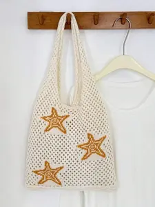 Women's Summer Beach Tote Bag, Crochet Design with Starfish Pattern, Large Capacity, Durable Polyester, Bohemian Style, Travel Accessory