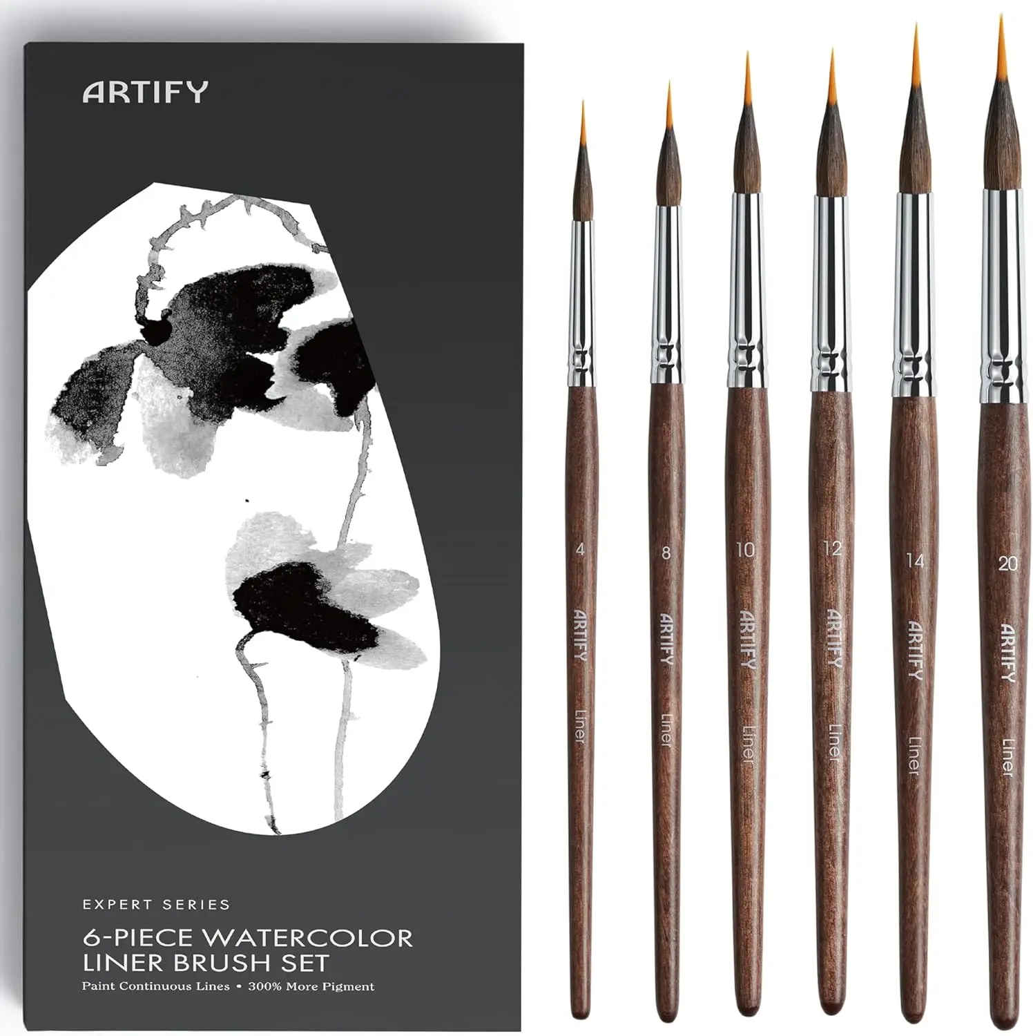 ARTIFY 6-Piece Professional Watercolor Liner Brush Set - Sable & Nylon Hybrid Extended Needle Point Detail Water Color Brushes for Fine Lines, Botanicals and Florals Painting