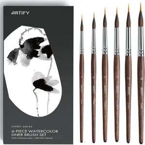 ARTIFY 6-Piece Professional Watercolor Liner Brush Set - Sable & Nylon Hybrid Extended Needle Point Detail Water Color Brushes for Fine Lines, Botanicals and Florals Painting