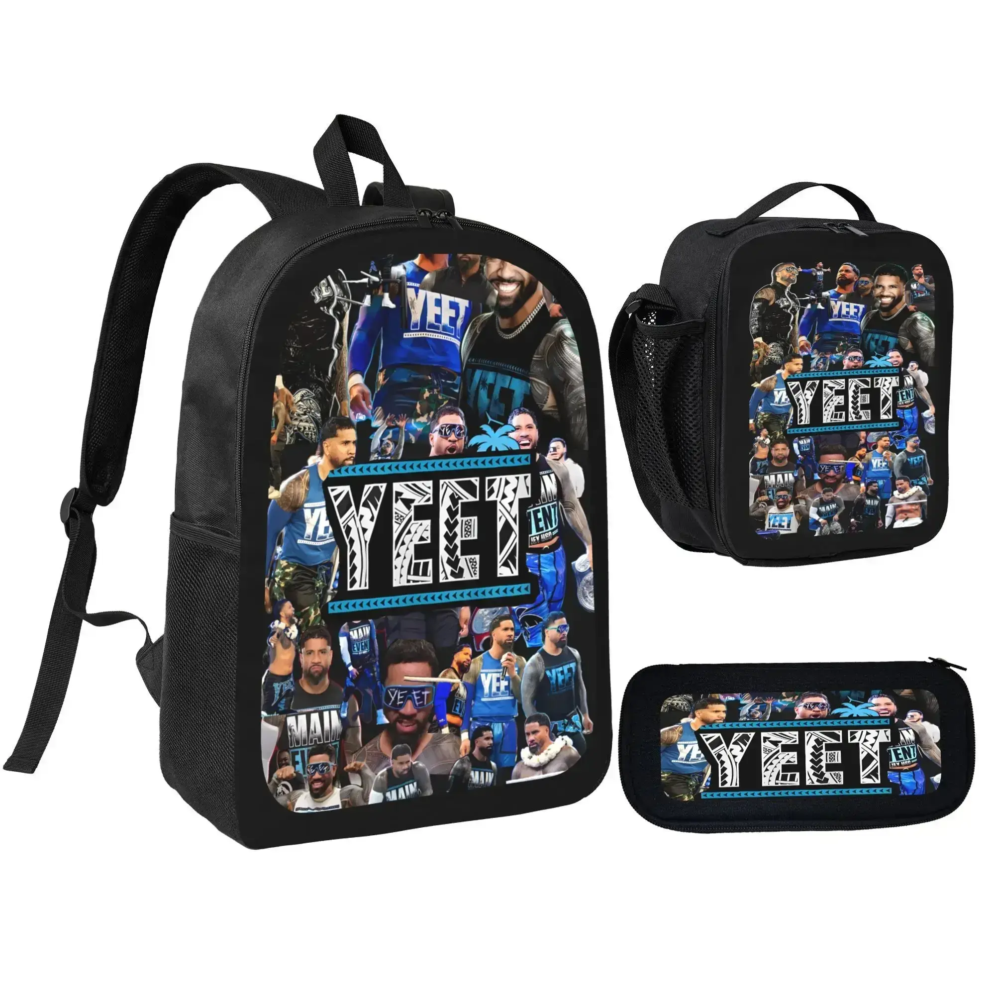 Kids Backpack Set with Wrestling Graphic Print, 3-in-1 Large Capacity 600D Oxford Cloth School Bag with Lunch Box & Pencil Case for Teens, Large Size, Set Pack, Wwe Print, Zipper