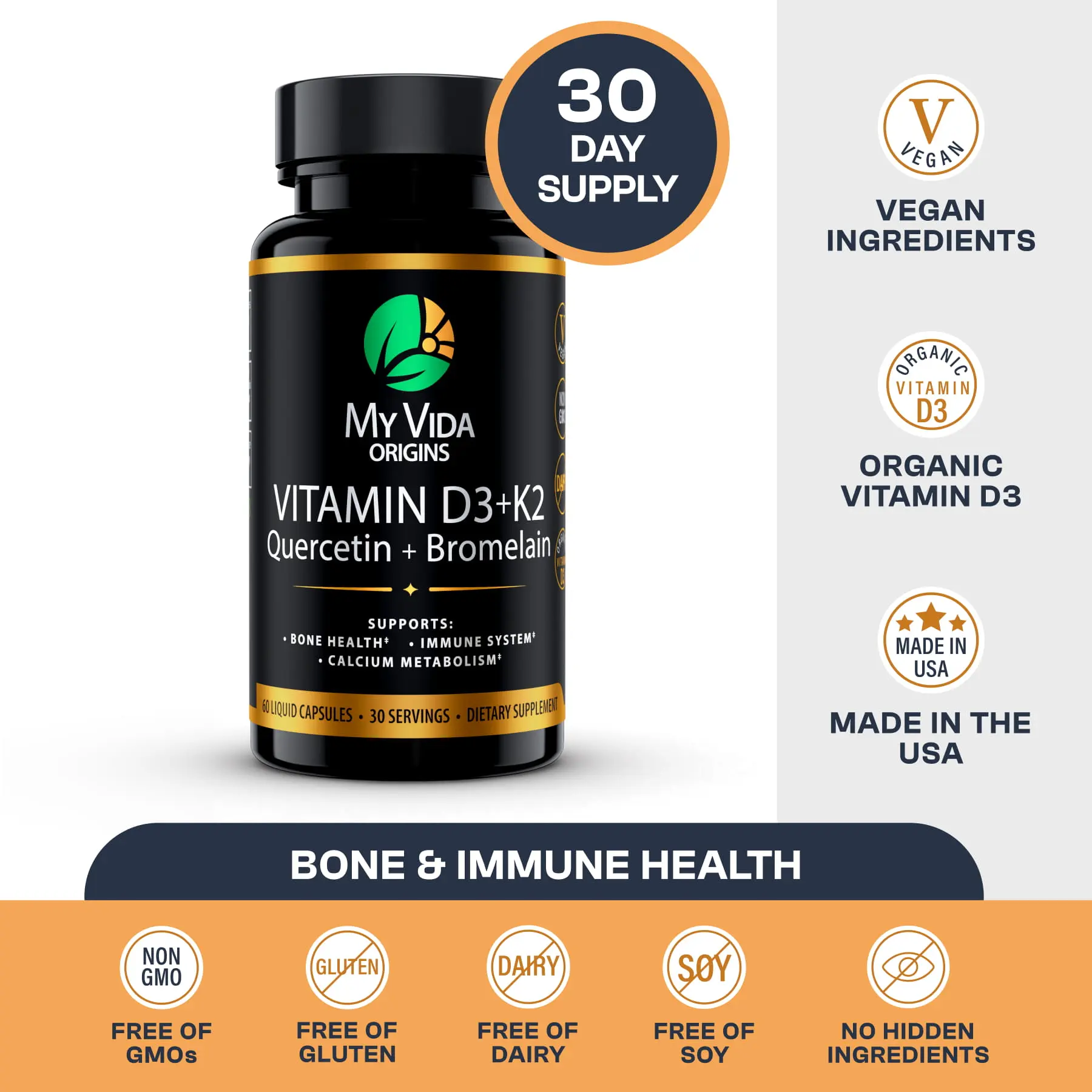 My Vida Origins Organic Vitamin D3 + K2 with Quercetin & Bromelain – Vegan Formula with MCT Oil for Max Absorption – Supports Bone, Immune & Heart Health – 2100 IU – 30 Servings
