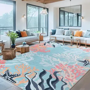 6x9 Feet Washable Ocean Coral Reef Themed Area Rug, Modern Soft Faux Wool Non-Slip & Easy to Clean Carpet, Decorative Rug for Living Room, Bedroom, Hallway, Porch, Patio, Home Decoration,Blue, Beige,4x6,5x8,6x9 Feet