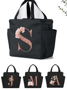 Letter & Floral Pattern Lunch Bag, Large Capacity Bag, Waterproof Student Lunch Handbag, Portable Zipper Lunch Bag, Lunch Bag Women