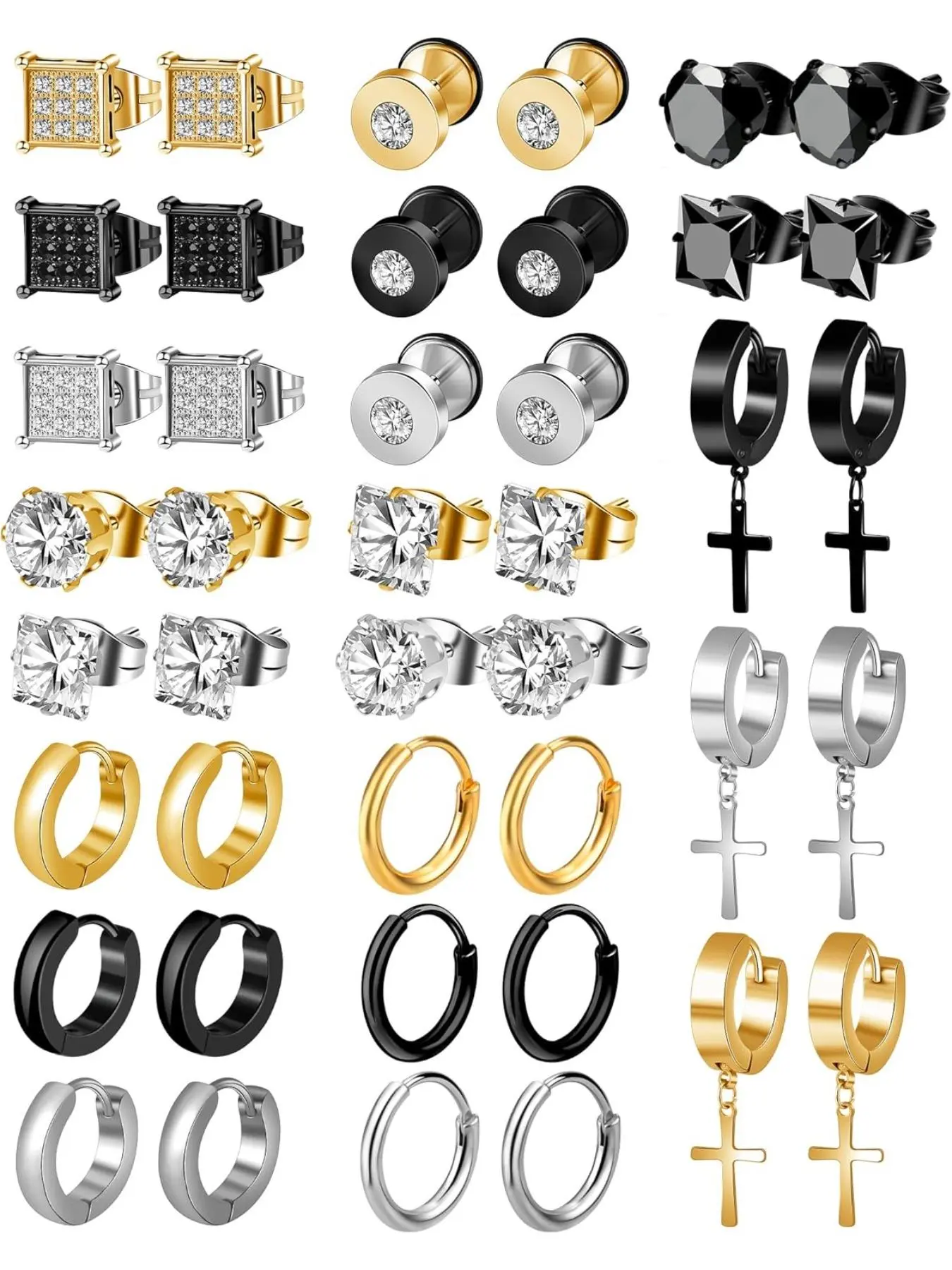 Rhinestone Decorated Earring Stacking Set, Punk Style Cross Design Dangle Earrings & Hoop Earrings & Stud Earrings & Studded Cross Earrings, Fashion Trendy Sparkling Ear Jewelry Accessories for Women & Men