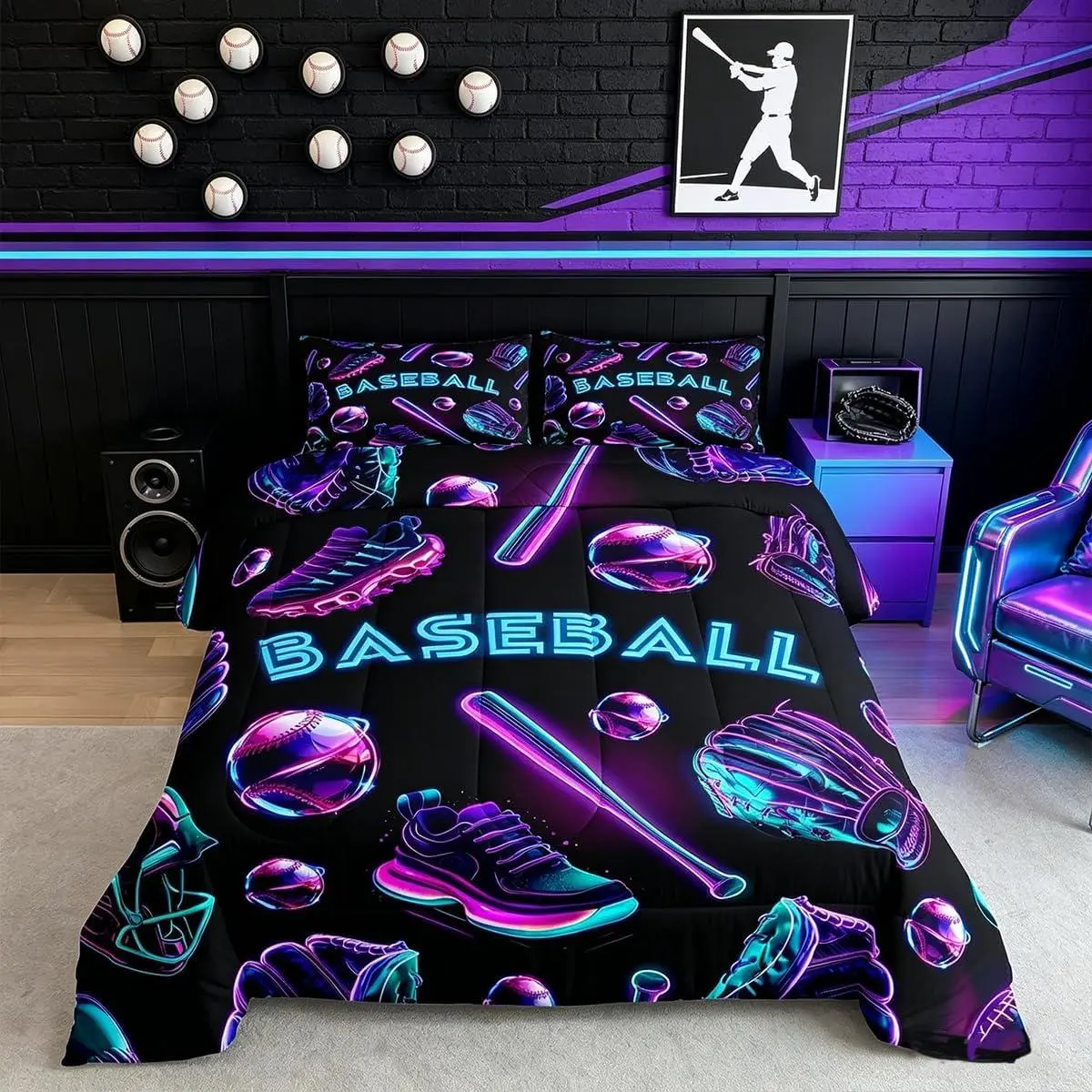 Baseball Theme Bedding Set Soft for Boys Girls,Blue Purple Comforter Set Baseball Bat Gloves Duvet Quilt Microfiber Games Shoes Bedroom Decor