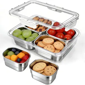 Snackle Box Container,Clear Divided Serving Snack Tray with 4 Removable Stainless Steel Containers for Fruit Veggie Candy,Snack Tray with Lid Leak-Proof for Wet/Dry Food-Perfect for Beach,Picnic