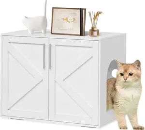 White Cat Litter Box Enclosure  Hidden cat Litter Box Furniture with with 2 Doors and Pads  Wooden Kitty Litter Box Cabinet Furniture (White-1 Room) Litterbox