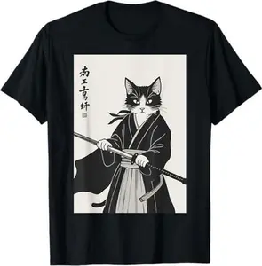 Vintage Samurai Cat Vintage Ukiyo-e Warrior Art Graphic Cat T-Shirt