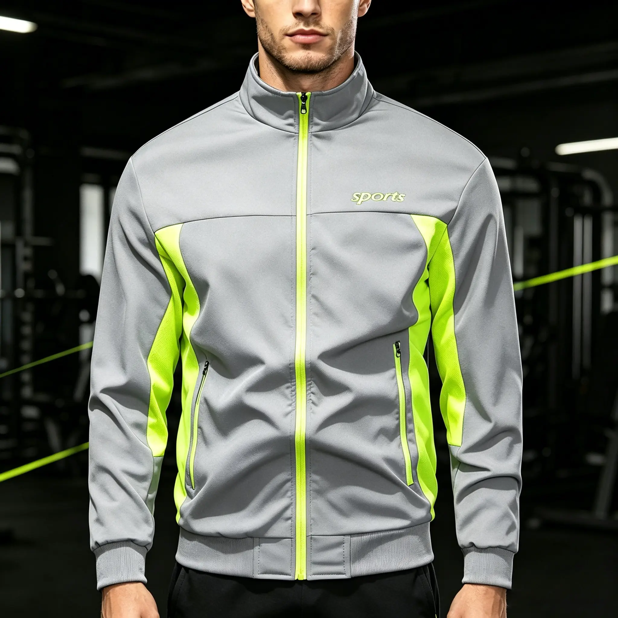 Men's Loose Stand-Collar Color-Block Active Lightweight Sports Jacket with Neon Green Panels - Zip-Up Open Front, Quick-Drying, Breathable, Windproof, Machine-Washable Casual Top for Spring/Autumn, Suitable for Training, Running, Active Men's Lightweight