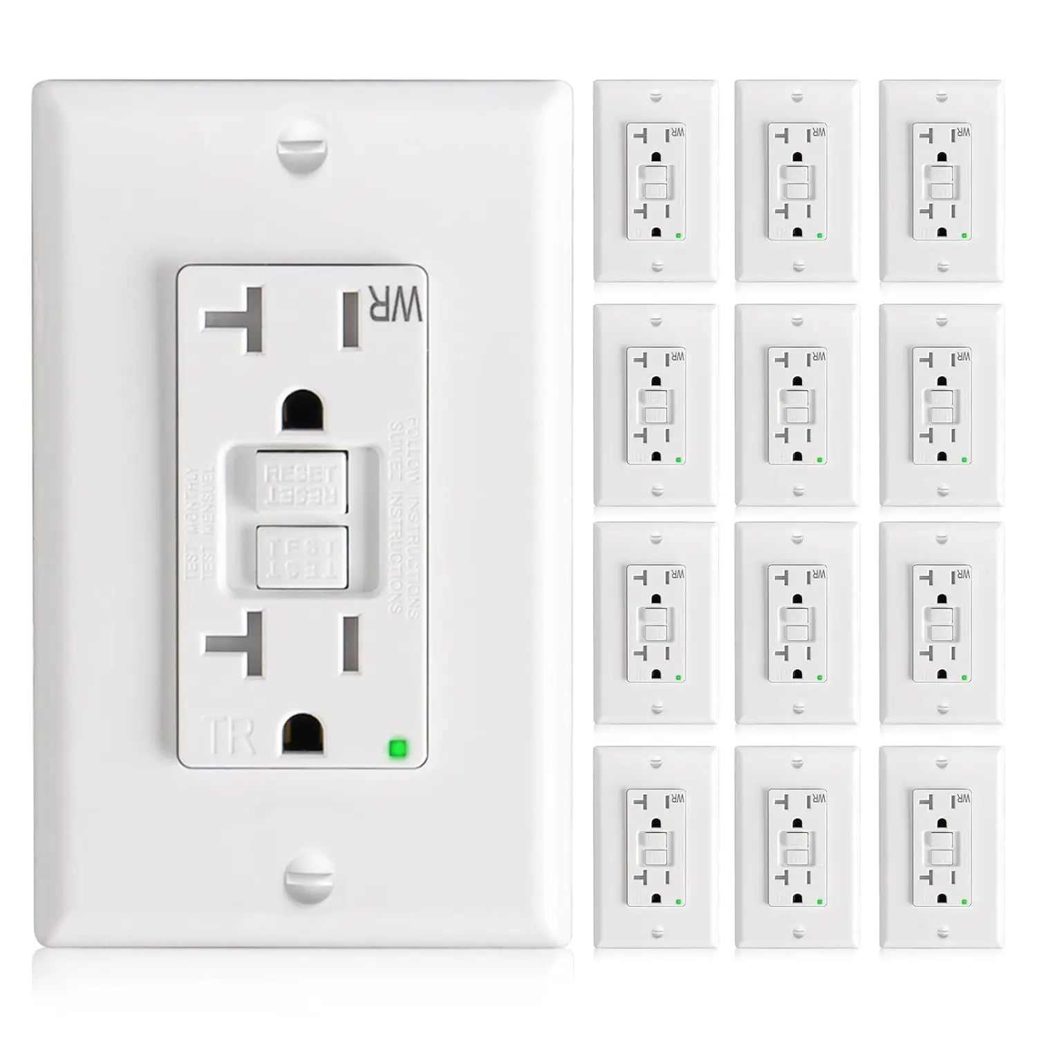GFCI Outlet 20 Amp with Thinner Design 12 Pack, Weather Resistant (WR), Self-Test GFI Receptacles with LED , Wall Plates and Screws Included, Indoor or Outdoor, ETL Listed, White