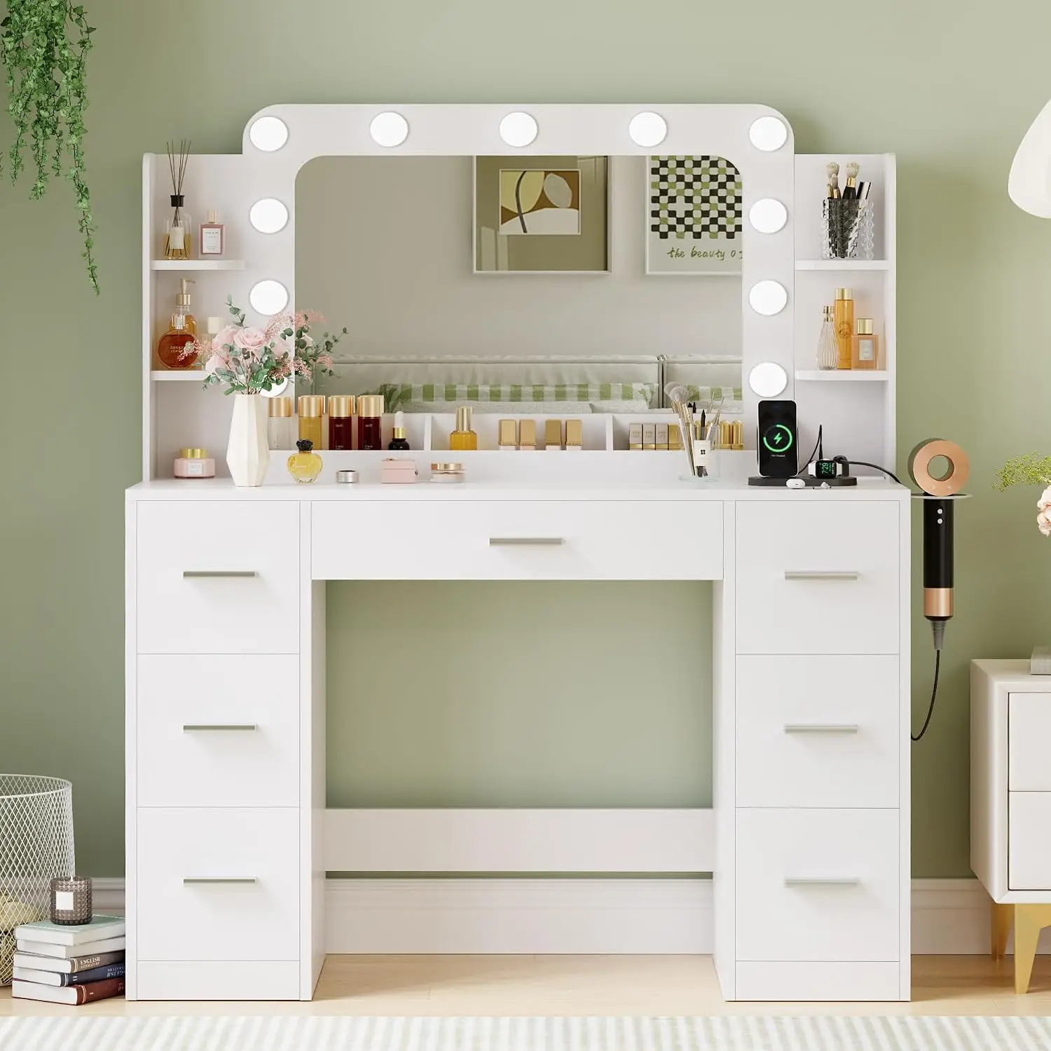 Furmax Makeup Vanity Desk with LED Mirror Lights, Charging Station with AC Outlets, USB & Type-C Ports, Modern Hollywood Vanity Table with Large Storage Drawers for Bedroom, Indoor Furniture Dressing Table