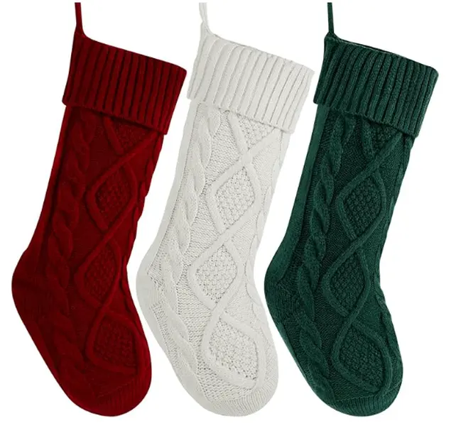 Christmas Stockings 3 Pack 18 Inches Large Cable Knit Personalized Knitted Stocking Decorations for Family Xmas Party Decor in Red White & Green