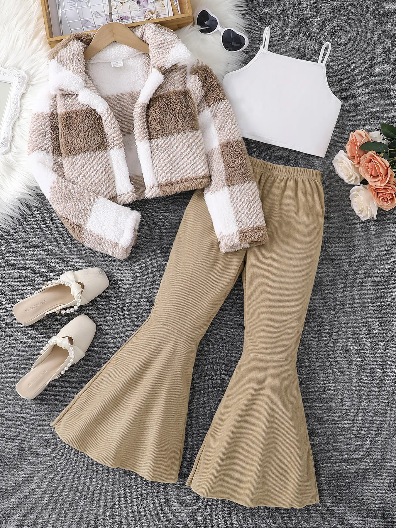 Girls' Preppy Style Coral Fleece Jacket, Plaid Short Coat + Solid Color Tank Top + Elastic Waist Flare Pants, Fall Winter, Girl Clothes School Clothing Sets