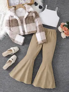 Girls' Preppy Style Coral Fleece Jacket, Plaid Short Coat + Solid Color Tank Top + Elastic Waist Flare Pants, Fall Winter, Girl Clothes School