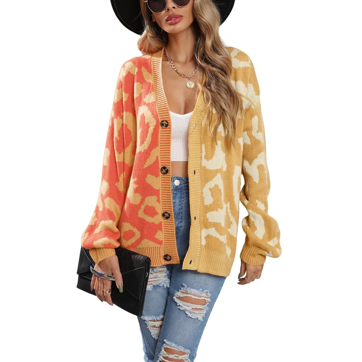 Chouyatou Women's Color Block Leopard Print Button Down Long Sleeve Cardigan Sweaters