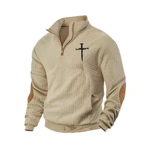 Men's cross-print plain color waffle weave hoodie, long-sleeve stand-up collar pullover, Jesus cross print, quarter z design, winter hoodie, daily holiday wear, street style casual outfit, suitable for spring, autumn and winter seasons.