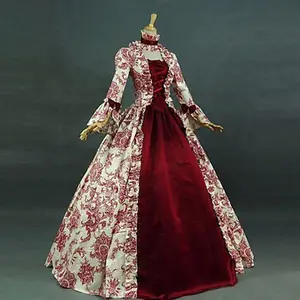 WomenLace-UpMedievalDressRufflesBowVintageVictorianCarnivalMaxiDressPatchworkFloralFemaleFairyLongDress