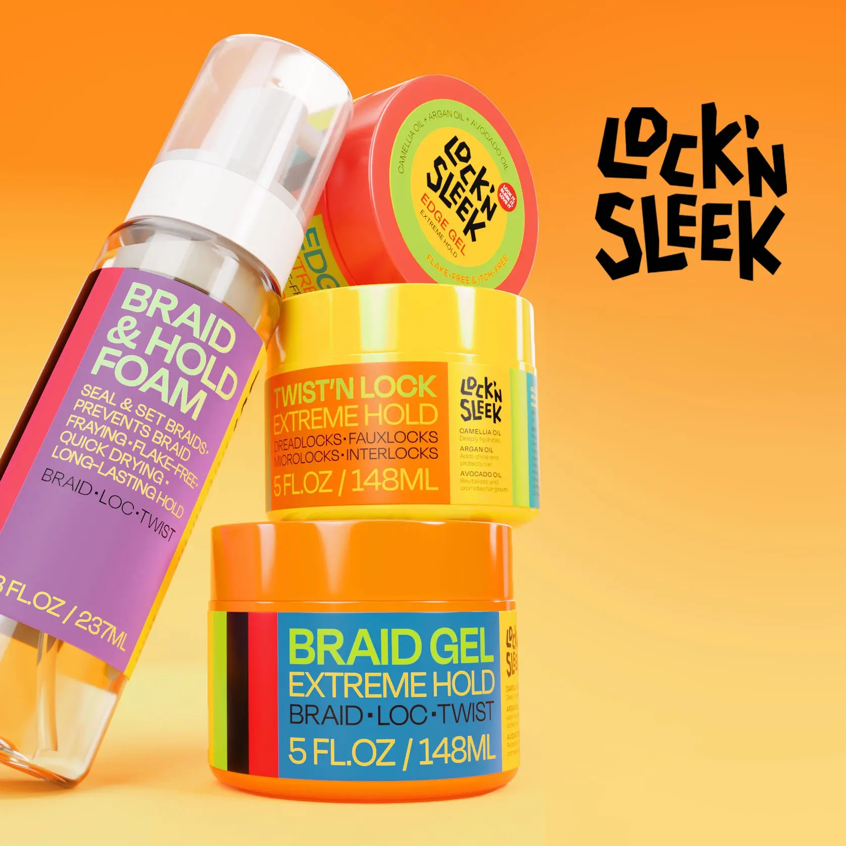 Lock’N Sleek Braidcare Collection | Braid & Hold Foam 8 OZ + Braid Gel Extreme Hold 5 OZ + Edge Gel Extreme Hold 5 OZ + Twist’N Lock Extreme Hold 5 OZ