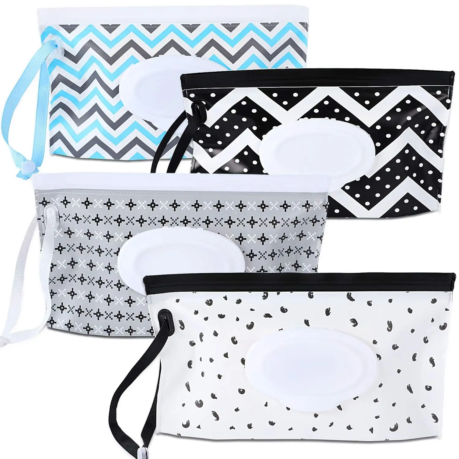 4 Pack  Wipe Dispenser, Portable Refillable Wipe Holder,  Wipes Container, Wipe Dispenser,  Travel Wet Wipe Pouch (Geometric)