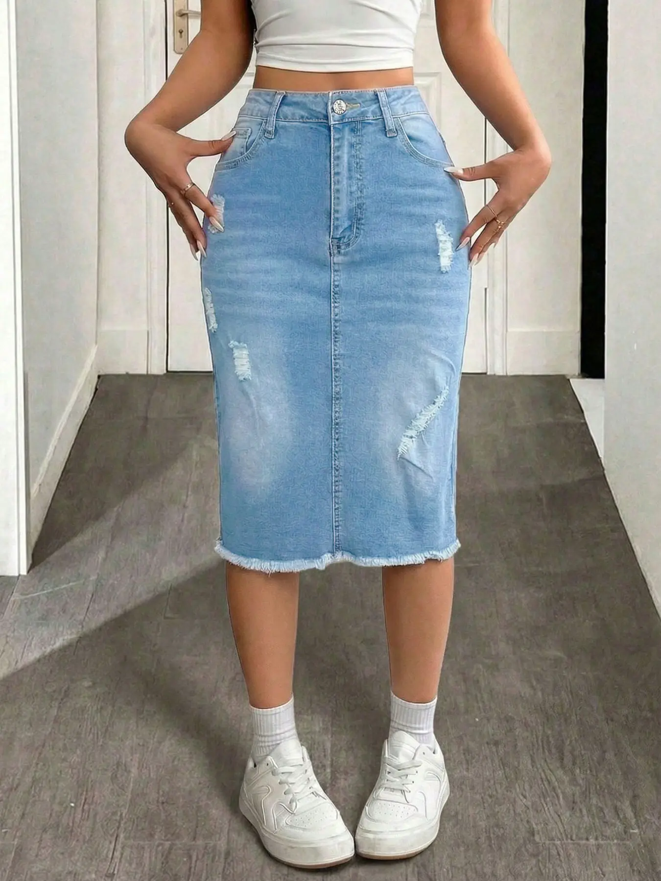 Women's Distressed Light Wash Denim Skirt Midi Pencil Skirt with Back Slit Raw Hem Ripped Jean Skirts for Women Casual