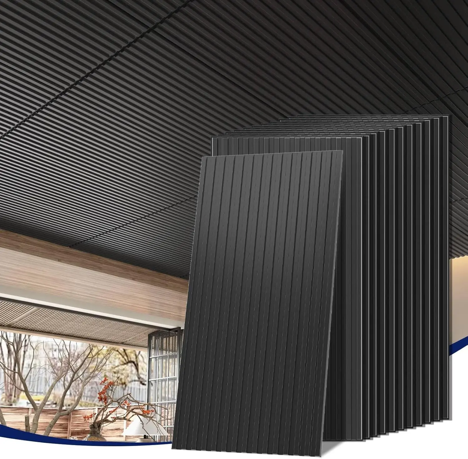 LooYee 6/24PCS 2x4 Ft Cracking Resistant 3D Slat Fluted Black PVC Drop Ceiling Panels, Commercial Contemporary Ceiling Decoration for Apartment Interior (Covers 48/192 Sq.Ft)