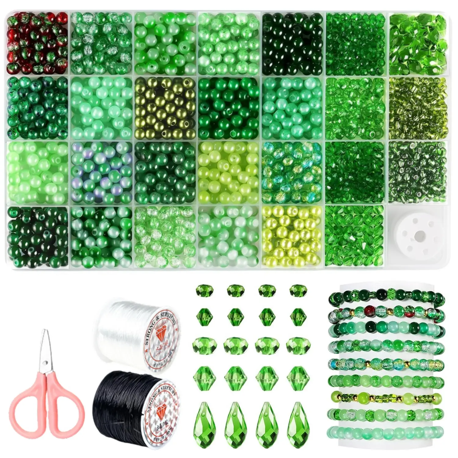 1600PCS Green Glass Beads for Bracelets, 6mm Crystal Beads for Jewelry Making Beaded Plants, Round Glass Beads with Faceted Bead Seed Beads for DIY Plant Making Crafts Earrings Necklace
