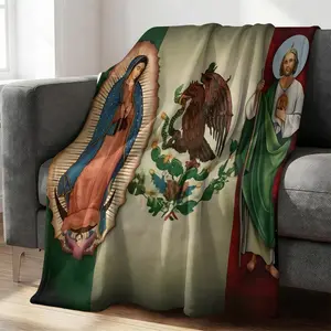 Our Lady of Guadalupe & Mexican Flag Throw Blanket, Saint Jude Flannel Blanket, Ultra Soft Warm Blanket, Cozy Fleece Gift Blanket for Mexican Heritage, Religious Patriotic Print for Bedroom & Dorm Decor