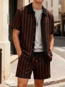 Men's 2-Piece Brown & Black Striped Loungewear Set, Lounge clothes, Short-Sleeve Shirt (Textured Stripes + Contrast Black Collar) + Matching Drawstring Shorts, Soft Breathable Fabric, Relaxed Oversize Fit, Ideal for At-Home Lounging