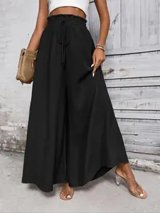Women's Plain Paper Bag Waist Tie Front Wide Leg Pants, Casual Comfy Baggy Summer Clothes Women Casual High Waist Trousers for Summer, Women's Bottoms for Daily Wear, Summer Outfits