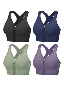 Women's Wireless Bra Set with Removable Pads, Medium Support, Front Zipper Design, Soft Everyday and Sports Bras, 4 Pack, Yoga Bra, Workout Bra