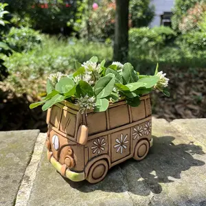 Vintage Hippie Train Resin Planter, Resin Flower Pot, Creative Indoor Outdoor Decorative Pot, Planter Pots, Multifunctional Room Accent, Car Model, Garden Decoration, Outdoor Planters