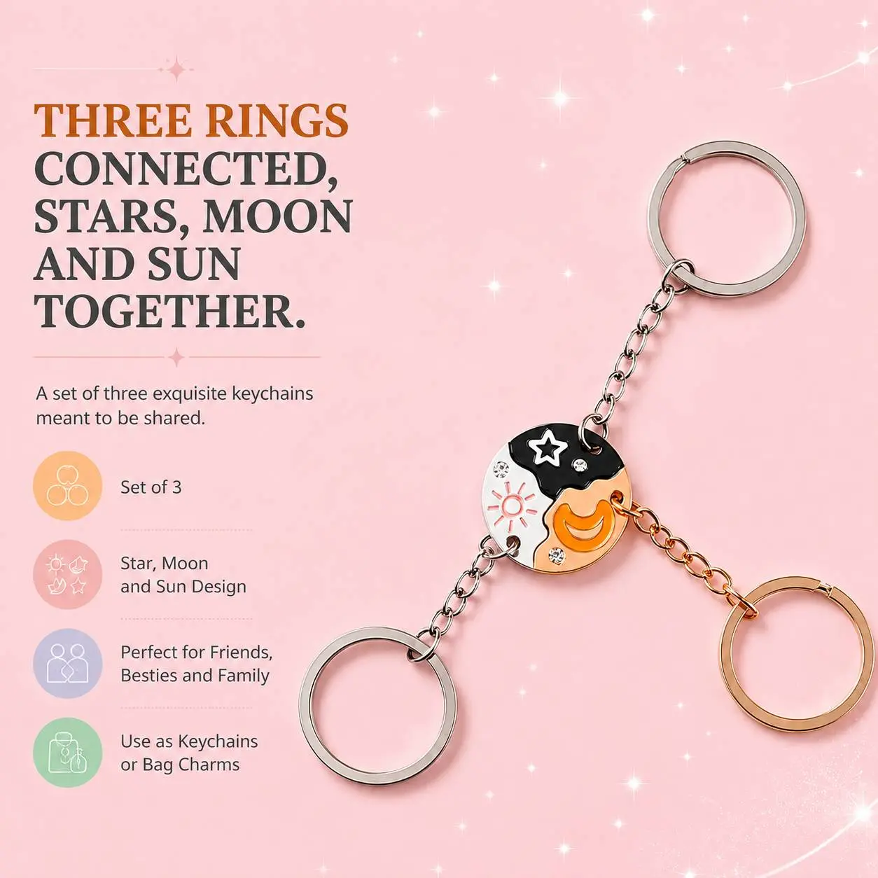 Women's Stainless Steel Friendship Round Keychain Set - Sun Moon Star Puzzle Split Design, Magnetic Link Trio, Aesthetic Keychain Accessory, Keyrings for Keys, Business Gift