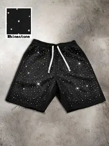 Men's Casual Drawstring Shorts, Rhinestone Design, Loose Fit, Soft Breathable Fabric, Street Style, Summer Daily Wear, Lightweight Shorts