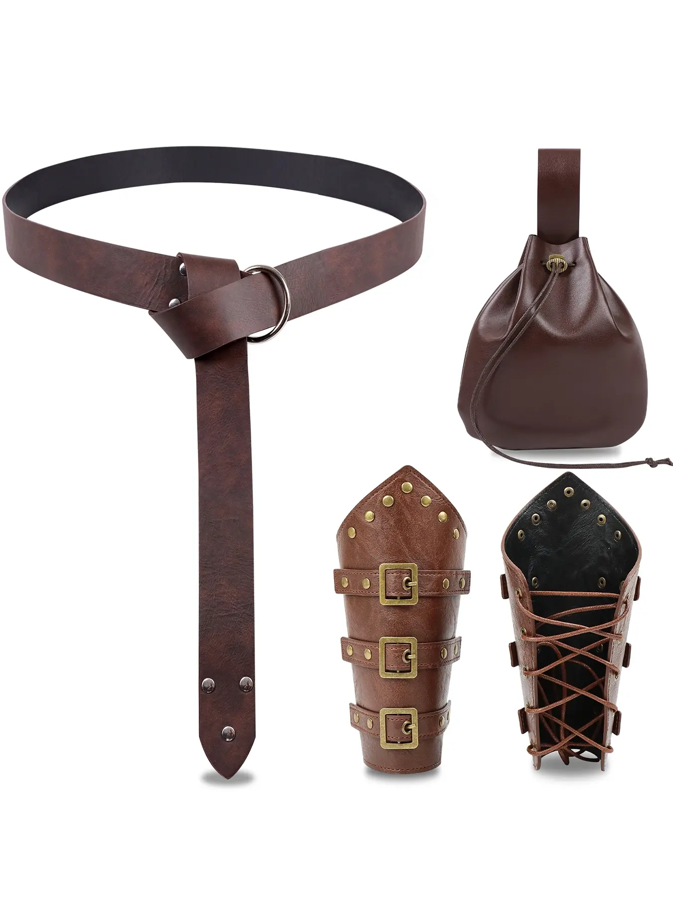 4PCS Medieval Belt Pouch Leather Arm Bracers for Renaissance Viking Faire Larp Halloween Cosplay Costume Prop Accessory Multiple Accessories Costume Set
