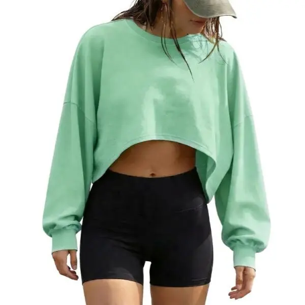 Fisoew Women's Crew Neck Drop Shoulder Crop Sweatshirt, Puff Lantern Long Sleeve Loose Oversized Cropped Long Sleeve Top,back to school,back to school shopping