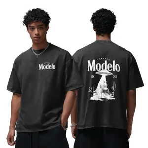 Modelo UFO Cowboy Graphic-Shirt –  Retro Streetwear Tee With Cerveza Modelo Letter Print, UFO Western Cowboy Desert Scene Design, Y2K Oversized Casual Short Sleeve Men's Summer Fashion Graphic tee