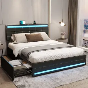 Sikaic Bed Frame with 4 Storage Drawers, Upholstered Headboard with Charging Station & LED Lights, Metal and Wood Platform Bed, No Box Spring Needed, Easy Assembly, Black