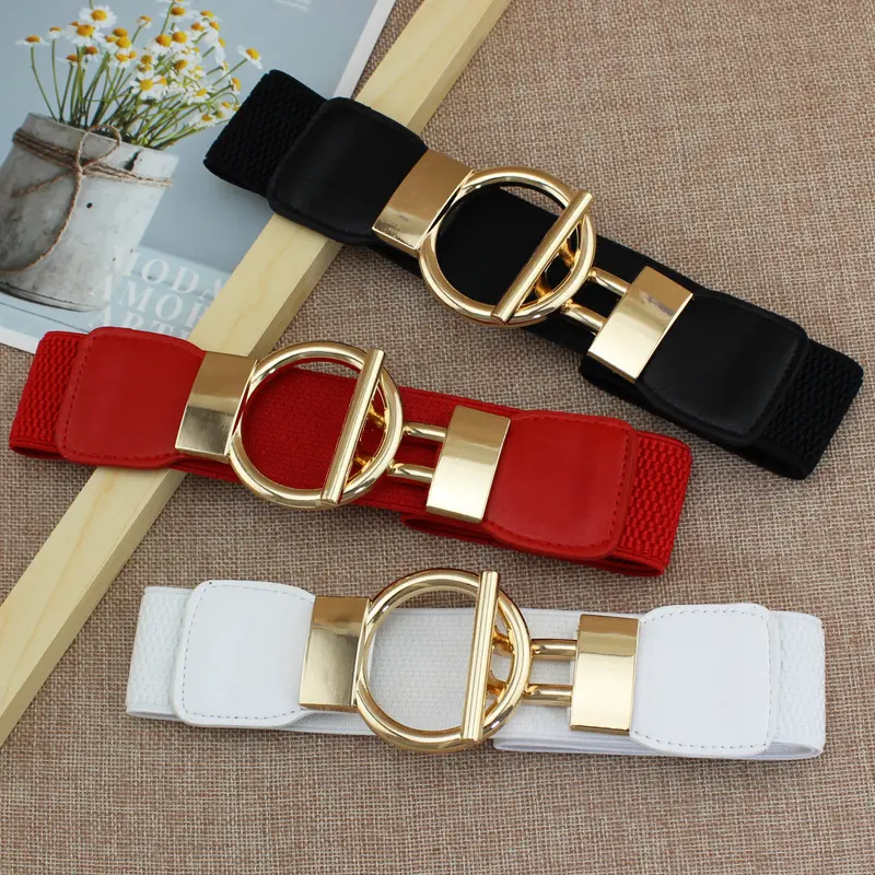 Women Wide Elastic Waist Belt, Gold Circle Metal Buckle Stretch Waist Cincher, 3 Colors Black White Red Decorative Corset Belt, Versatile Stretchy Waistband For Dress Coat Blazer Sweater Outfit