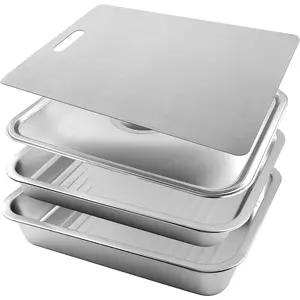 Grilling Prep and Serve Tays, 4pcs Stainless Large Capacity Food Prep Tray Grill Carry System, BBQ Grill Tray Set Marinade Container with Lid and Cutting Board for(Color:Silver)