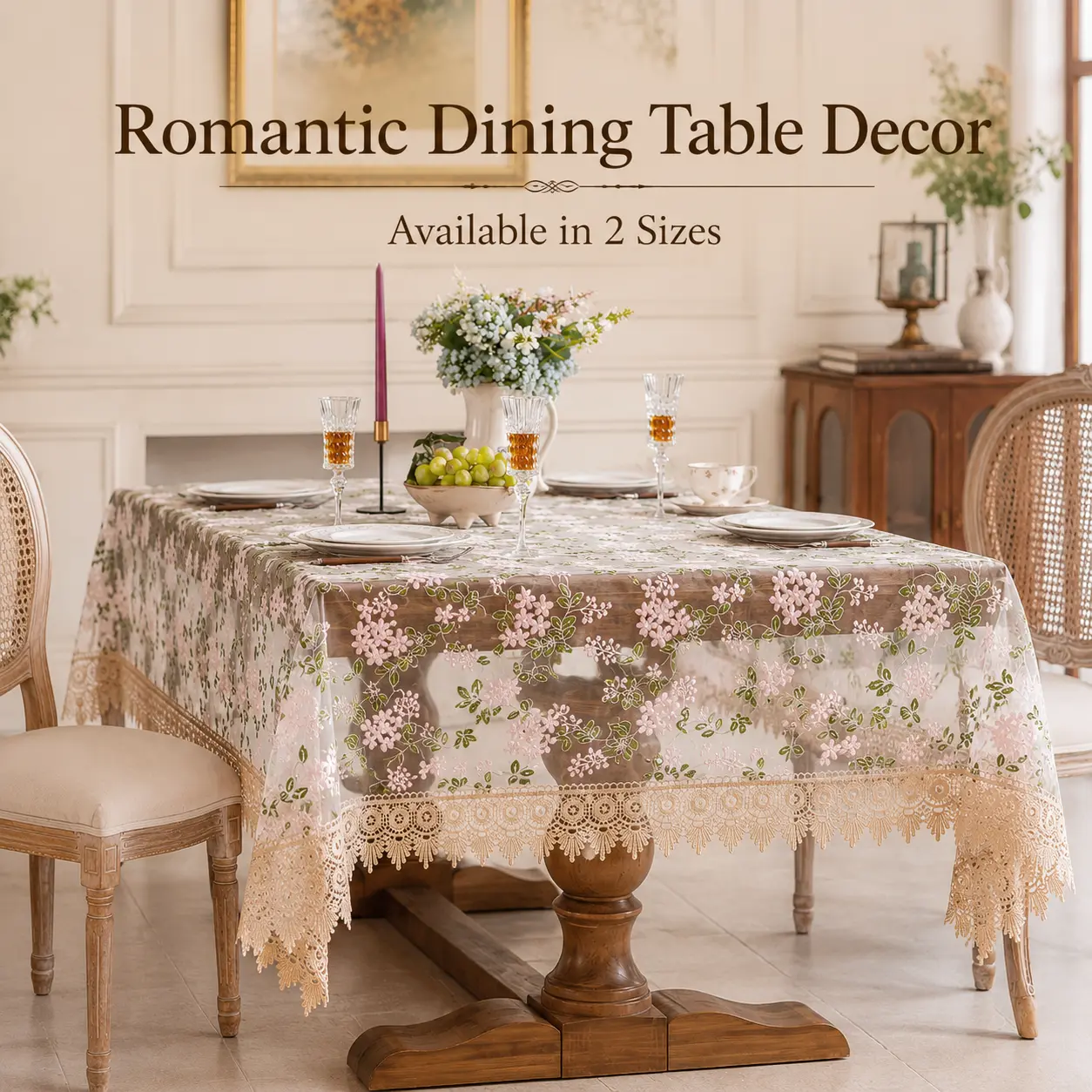 Vintage Embroidered Lace Tablecloth - French Country Sheer Flower Decorations Table Covers for Dining Room, Holiday Dinner Decor