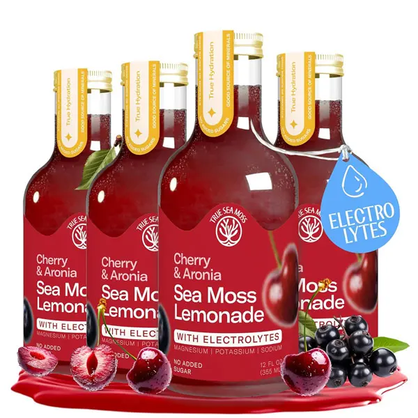 Cherry Aronia Sea Moss Electrolyte Lemonade – Fruit Hydration Drink – No Added Sugar with Sea Moss & Electrolytes – 4 x 12 fl oz Bottles