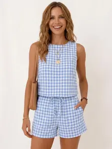 IDEALSANXUN Womens Gingham Two Piece Sets Spring Summer Beach Vacation Outfits Pajama Sets ribbed matching