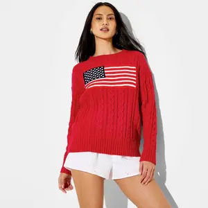 Women's Crewneck American Flag Pullover Sweater - Wild Fable Berry Red Flags M