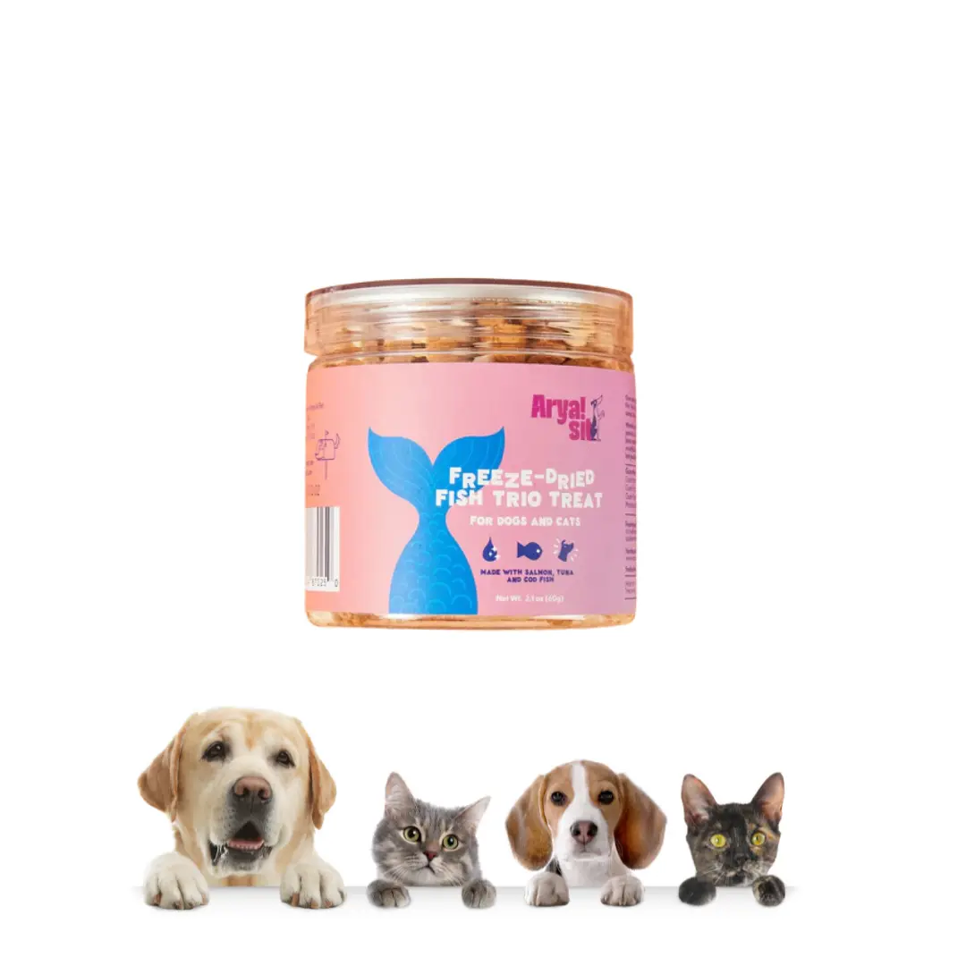 Arya Natural Freeze-Dried Tri-Fish Blend Salmon Seafood Mix Dry Pet Treats - Dog & Cat Training Aid, Skin Support (Arya Sits), No Preservatives, No Fillers